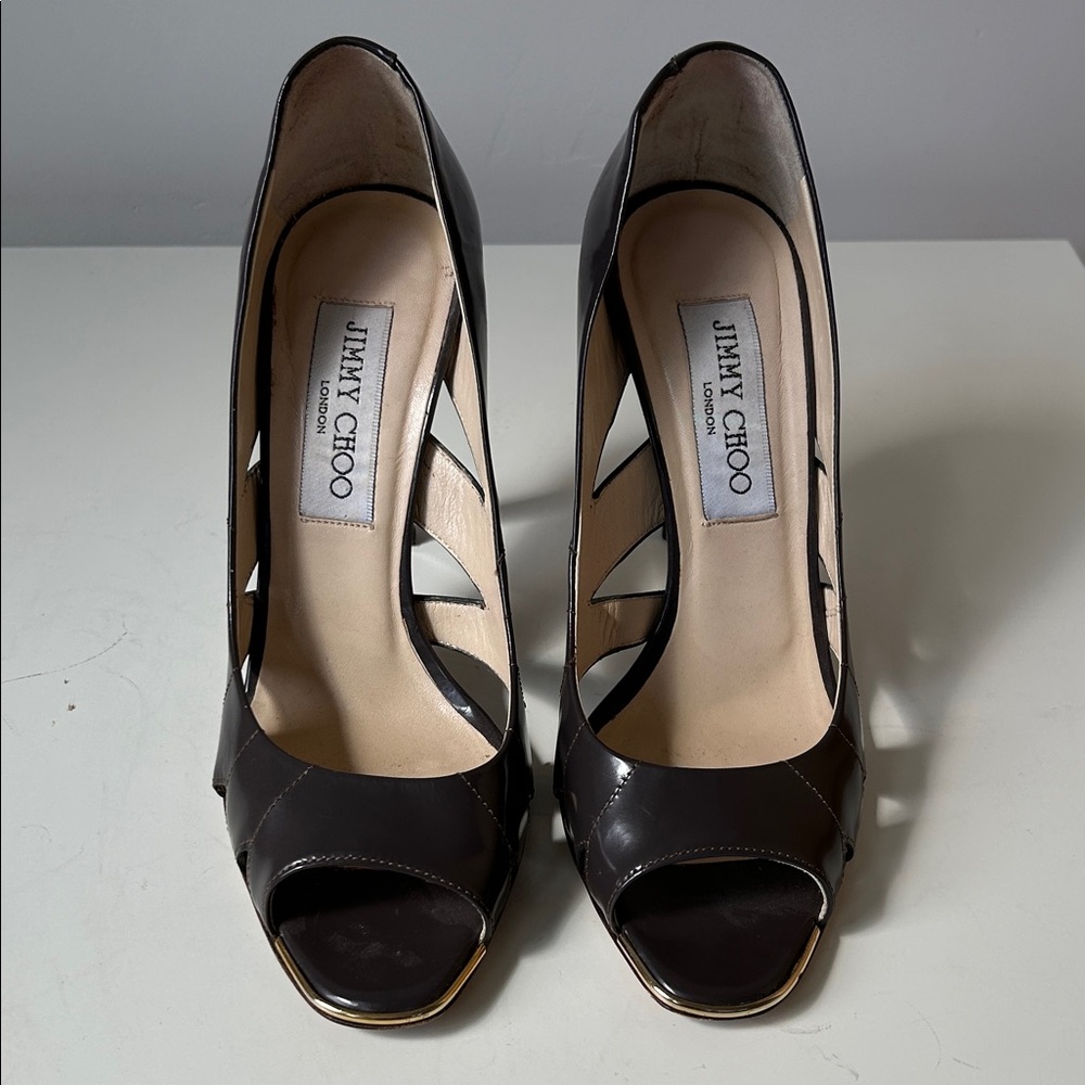 Jimmy Choo Dark Gray Classic Heels with Gold Accent